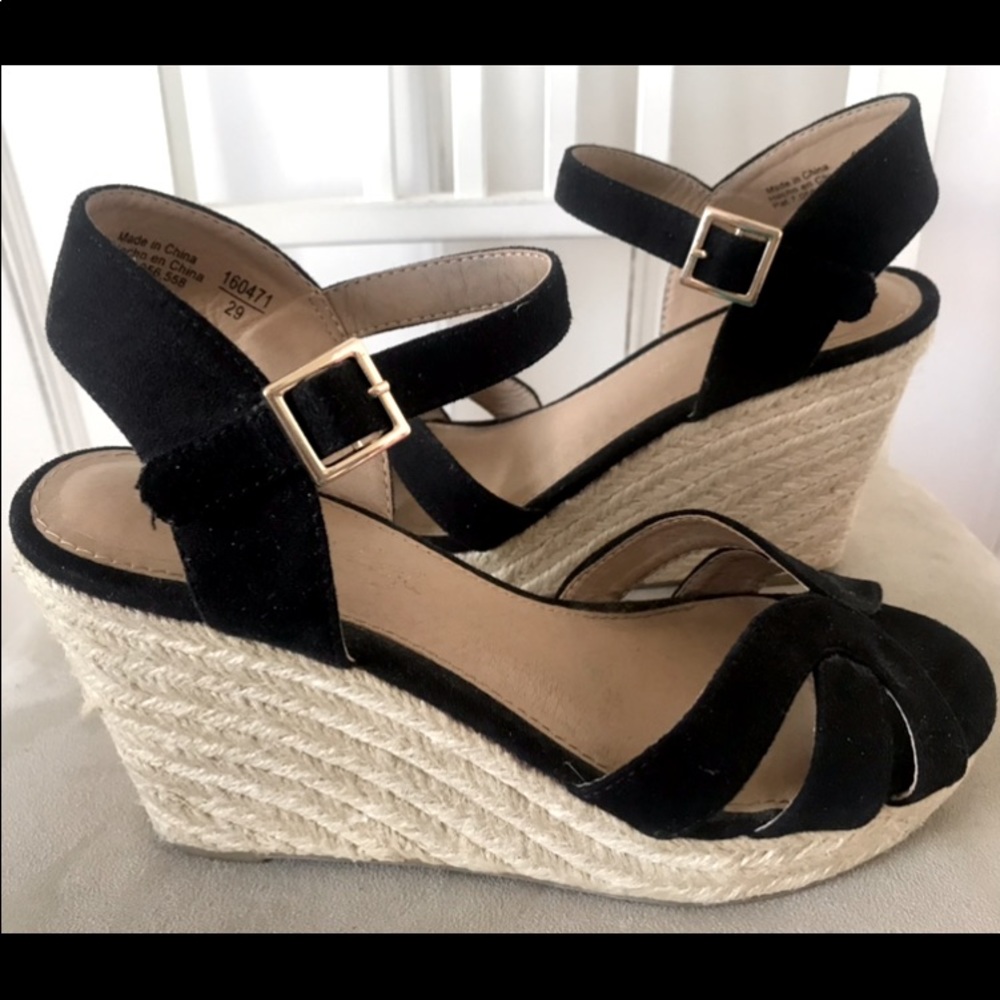 Black Suede Strap, Basket Weave Platform Wedge Sandal Shoes, Sz. 8/EUR: 29